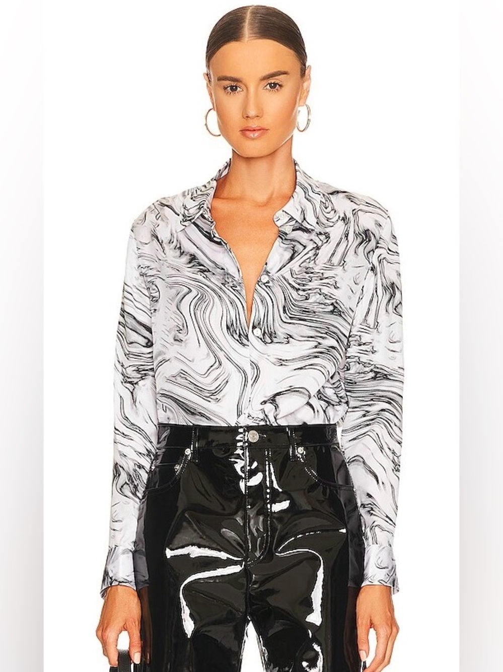Theory 100% Silk Classic Button Up in White/Black Marble! Like New! Size P / XS!